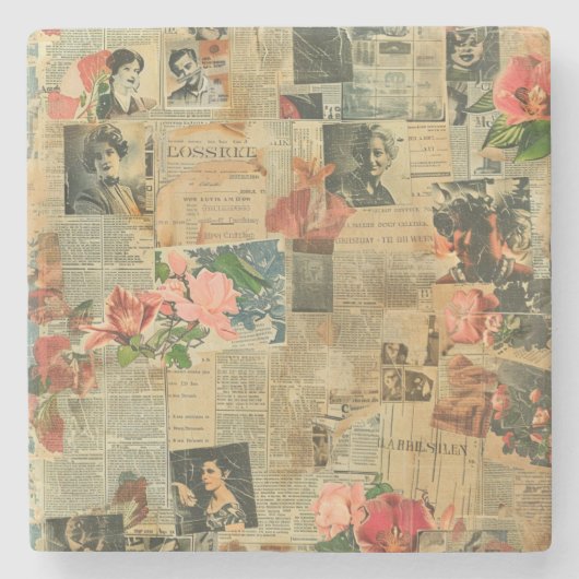 Rustikales Vintages Zeitungs-Patchwork-Collage (2) Steinuntersetzer (Vorderseite)
