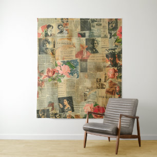 Rustikales Vintages Zeitungs-Patchwork-Collage (2) Wandteppich