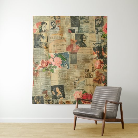 Rustikales Vintages Zeitungs-Patchwork-Collage (2) Wandteppich (Beispiel)