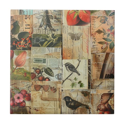 Rustikales Vintages Zeitungs-Patchwork-Collage (4) Fliese (Vorderseite)