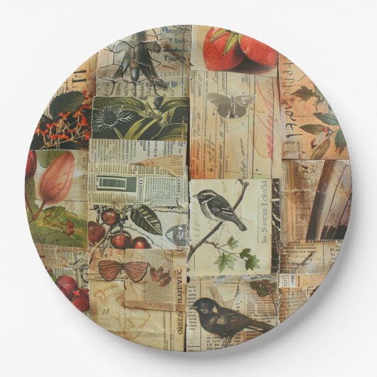 Rustikales Vintages Zeitungs-Patchwork-Collage (4) Pappteller (Vorderseite)