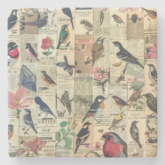 Rustikales Vintages Zeitungs-Patchwork-Collage (5) Steinuntersetzer (Vorderseite)