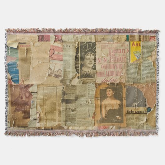Rustikales Vintages Zeitungs-Patchwork-Collage (6) Decke (Vorderseite)