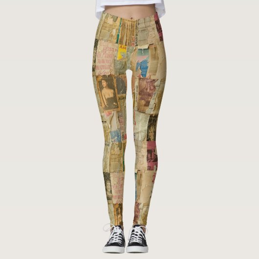 Rustikales Vintages Zeitungs-Patchwork-Collage (6) Leggings (Vorderseite)