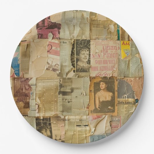 Rustikales Vintages Zeitungs-Patchwork-Collage (6) Pappteller (Vorderseite)