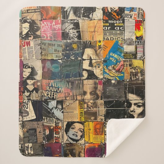 Rustikales Vintages Zeitungs-Patchwork-Collage (7) Sherpadecke (Vorderseite)