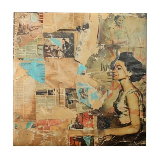 Rustikales Vintages Zeitungs-Patchwork-Collage (8) Fliese (Vorderseite)