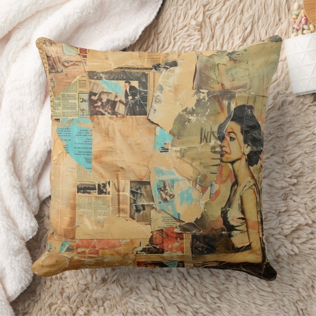 Rustikales Vintages Zeitungs-Patchwork-Collage (8) Kissen (Decke)