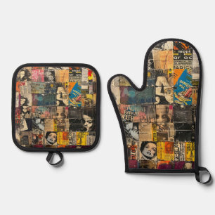Rustikales Vintages Zeitungs-Patchwork-Collage (8) Ofenhandschuh & Topflappen-Set