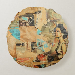Rustikales Vintages Zeitungs-Patchwork-Collage (8) Rundes Kissen