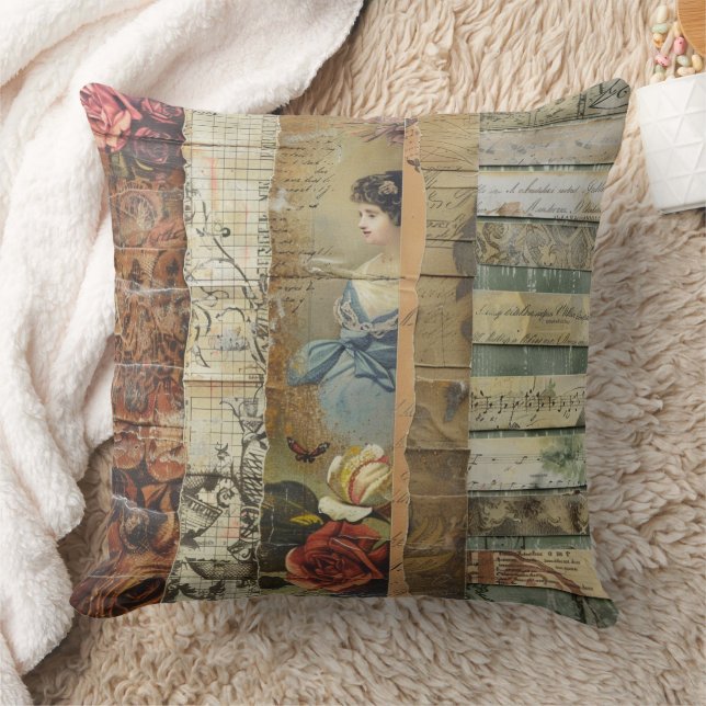 Rustikales Vintages Zeitungs-Patchwork-Collage (9) Kissen (Decke)