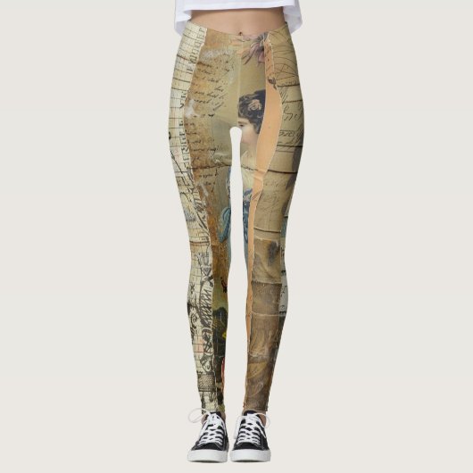 Rustikales Vintages Zeitungs-Patchwork-Collage (9) Leggings (Vorderseite)