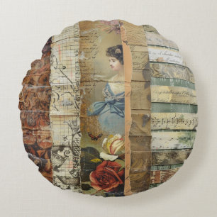 Rustikales Vintages Zeitungs-Patchwork-Collage (9) Rundes Kissen