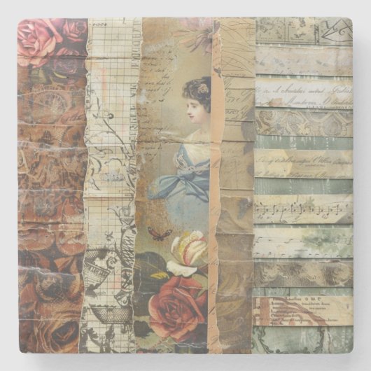 Rustikales Vintages Zeitungs-Patchwork-Collage (9) Steinuntersetzer (Vorderseite)