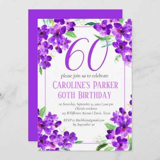 Rustikales Violett, 60. Geburtstag, Lila Einladung (Vorne/Hinten)