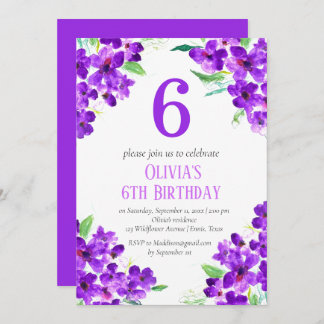 Rustikales Violett 6. Geburtstag Lila florale Einladung