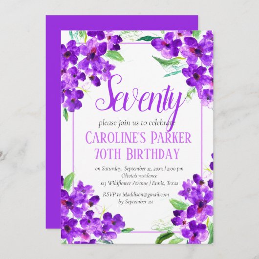 Rustikales Violett 70. Geburtstag Lila Einladung (Vorne/Hinten)