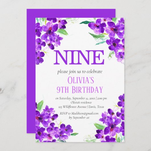 Rustikales Violett 9. Geburtstag Lila florale Einladung (Vorne/Hinten)
