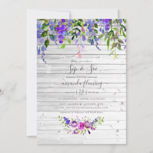 Rustikales Violett Blumensieb und sehen Einladung (Vorderseite)