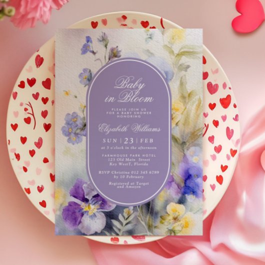 Rustikales violettes Blumenbaby in Blütendusche Einladung