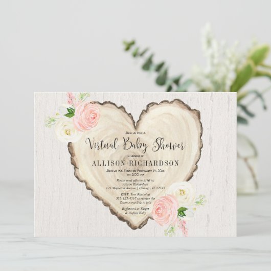 Rustikales Virtual Baby Dusche Mädchen Valentinsta Einladung (Stehend Vorderseite)