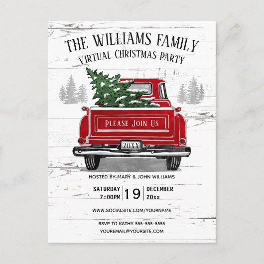 Rustikales Virtual Christmas Party Vintag Red Truc Einladungspostkarte (Vorderseite)