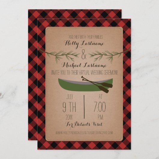 Rustikales Virtual Wedding Livestream Kariert Cano Einladung (Vorne/Hinten)