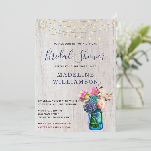Rustikales virtuelles Brautparty Mason Jar Succule Einladung (Stehend Vorderseite)