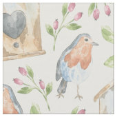 Rustikales Vogelhaus-Rotkehlchen-Aquarellmuster Stoff (Nahaufnahme)