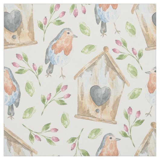 Rustikales Vogelhaus-Rotkehlchen-Aquarellmuster Stoff (Muster)