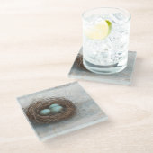 Rustikales Vogelnest - Blau Glasuntersetzer (Schrägansicht)