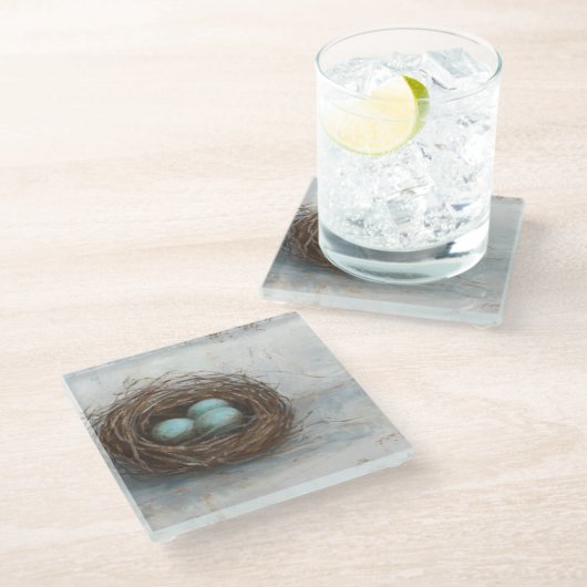 Rustikales Vogelnest - Blau Glasuntersetzer (Schrägansicht)