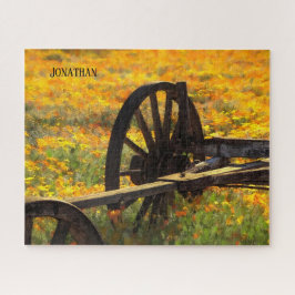Rustikales Wagenrad / Gelbe und orange Wildblumen Puzzle