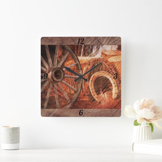 Rustikales Wagenrad-Hufeisen-Western Quadratische Wanduhr (Zuhause)