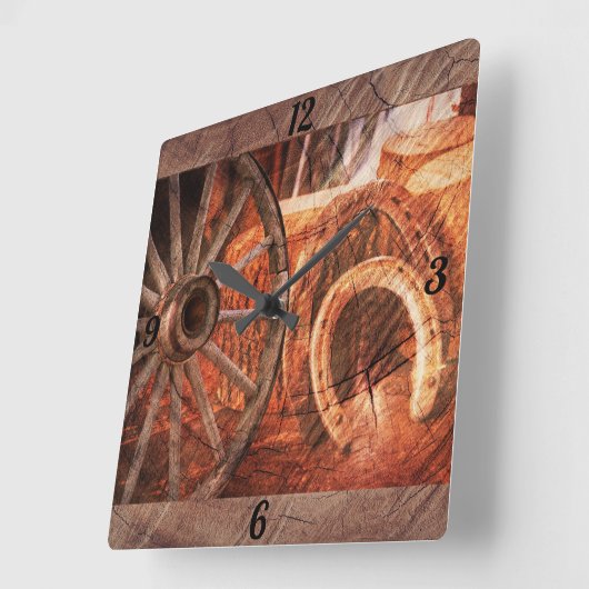 Rustikales Wagenrad-Hufeisen-Western Quadratische Wanduhr (Winkel)