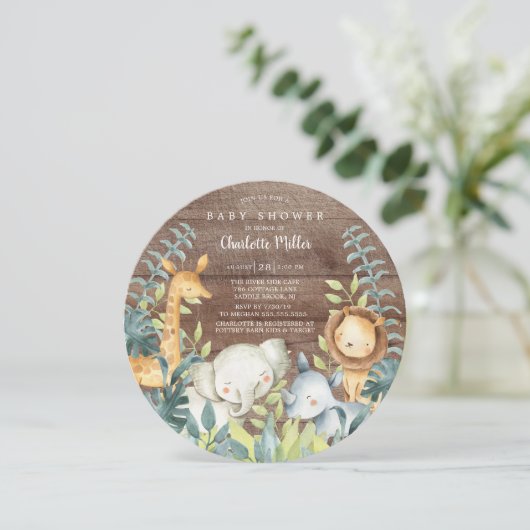 Rustikales Wald Jungle Animals Kinderdusche Einladung (Stehend Vorderseite)