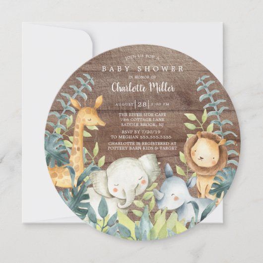 Rustikales Wald Jungle Animals Kinderdusche Einladung (Vorderseite)