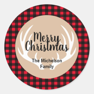 Rustikales Wald Kariertes Weiße Hirsche Antler Wei Runder Aufkleber