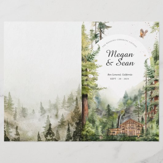 Rustikales Wald-Wasserfall-Hochzeitsprogramm (Vorderseite)