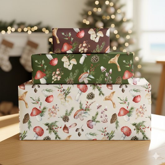 Rustikales Wald Weihnachten Winter Pilze. Geschenkpapier Set