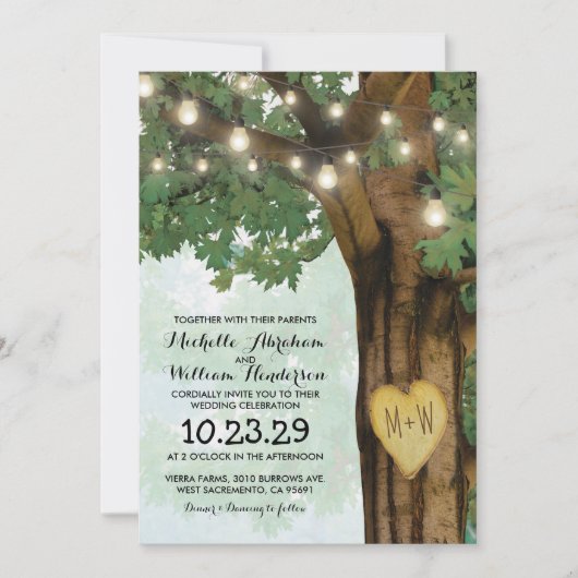 Rustikales Waldbaum Twinkle Lights Hochzeit Einladung (Vorderseite)