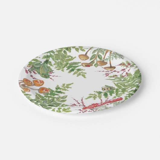 Rustikales Waldfrösche-Bienenpilz Naturfolien Pappteller (Schrägansicht)