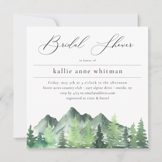 Rustikales Waldgebiet Berg Brautparty Invi Einladung (Vorderseite)
