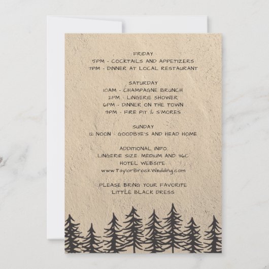 Rustikales Waldland Berg Bachelorette Wochenende Einladung (Rückseite)