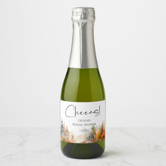 Rustikales Waldland Herbstwald Brautparty Schaumweinetikett (Vorderseite)