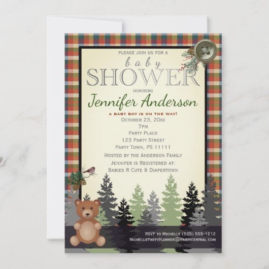 Rustikales Waldland Karierter Kinderduschbär Einladung (Vorderseite)