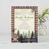Rustikales Waldland Karierter Kinderduschbär Einladung (Stehend Vorderseite)