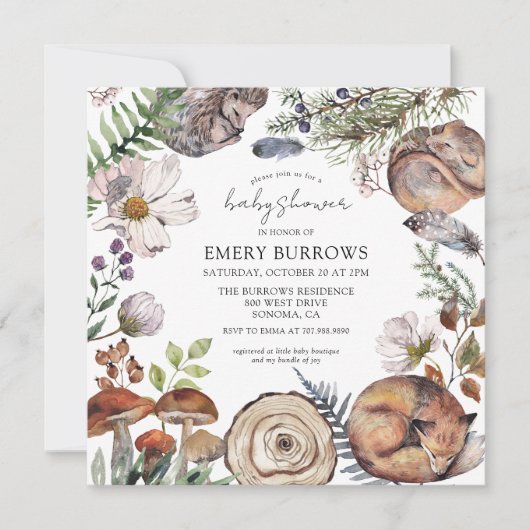 Rustikales Waldland Niedliche Waldtiere Kinderdusc Einladung (Vorderseite)