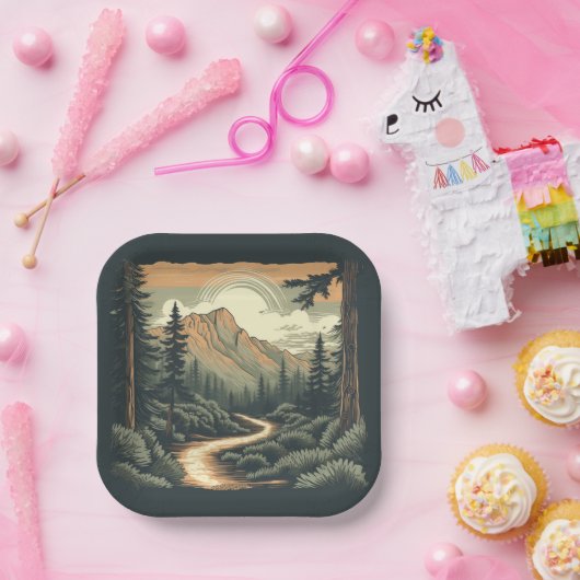 Rustikales Waldlandschaftsgebirge Camping Pappteller (Party)