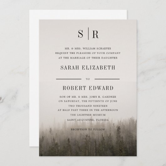 Rustikales Waldmisti Landschaft Probe Abendessen Einladung (Vorne/Hinten)